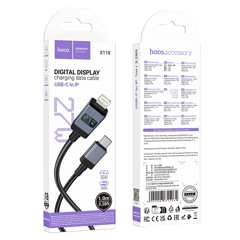 Καλώδιο Δεδομένων και Φόρτισης USB-C - Lightning HOCO X118 Display, 27W, 1m, Μαύρο