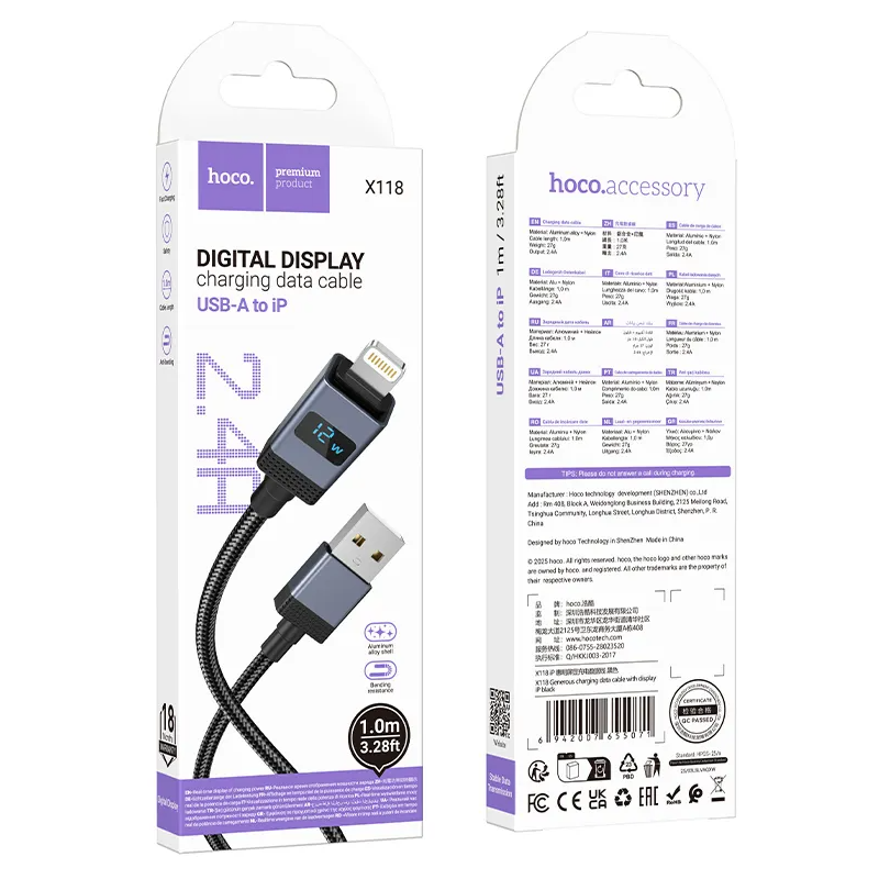Καλώδιο Δεδομένων και Φόρτισης USB-A - Lightning HOCO X118 Display, 12W, 1m, Μαύρο