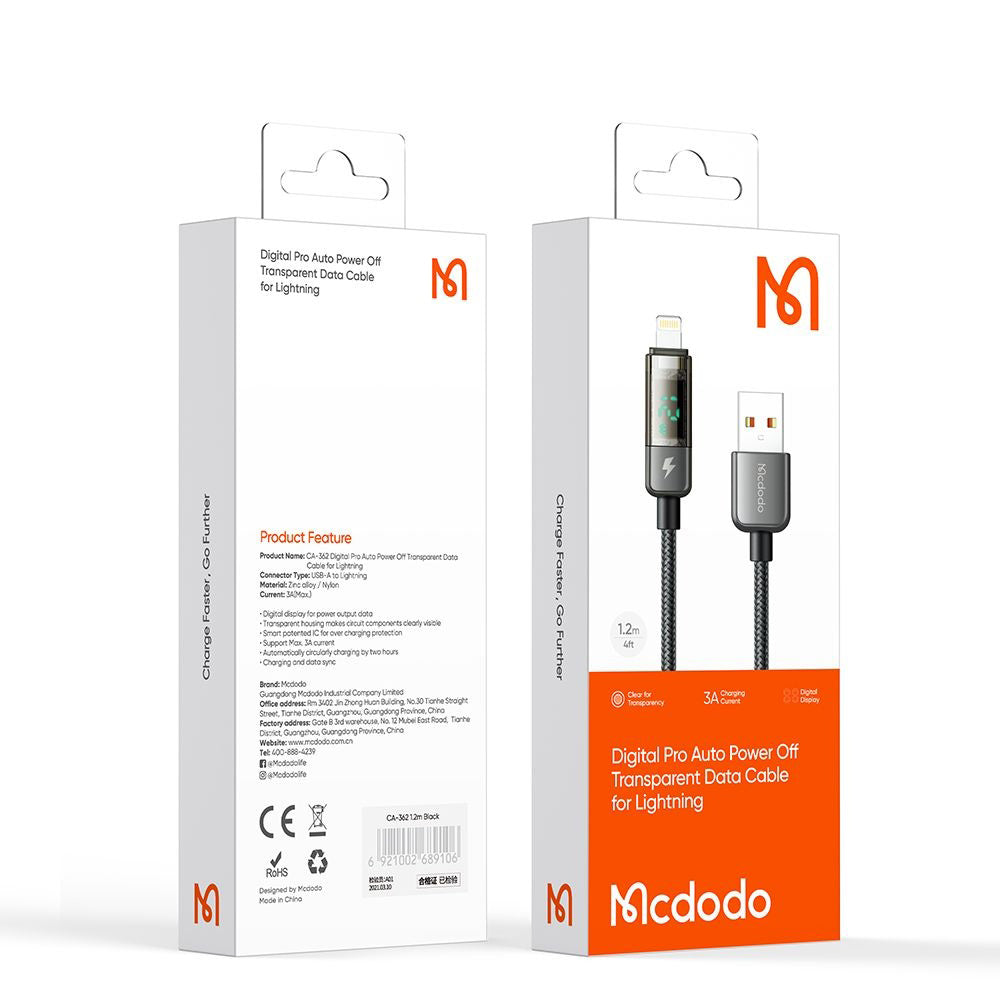 USB-A to Lightning McDodo CA-3620 Data and Charging Cable with Auto Power Off Display, 18W, 1.2m, Black
