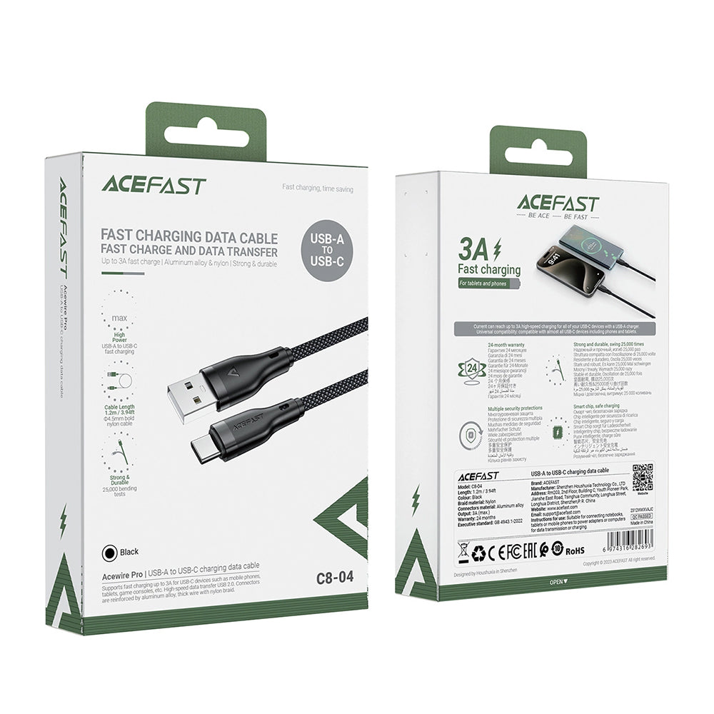 Καλώδιο Δεδομένων και Φόρτισης USB-A - USB-C Acefast C8-04, 18W, 1.2m, Μαύρο