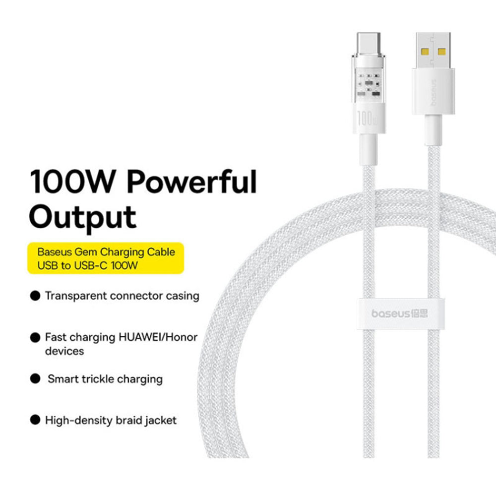 Καλώδιο Δεδομένων και Φόρτισης USB-A - USB-C Baseus Gem, 100W, 2m, Λευκό P10373002211-01