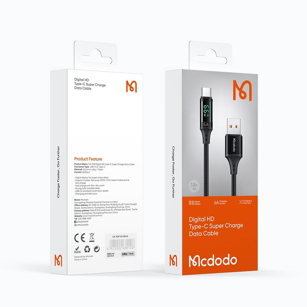 Καλώδιο Δεδομένων και Φόρτισης USB-A - USB-C McDodo CA-1080 Display, 66W, 1.2m, Μαύρο