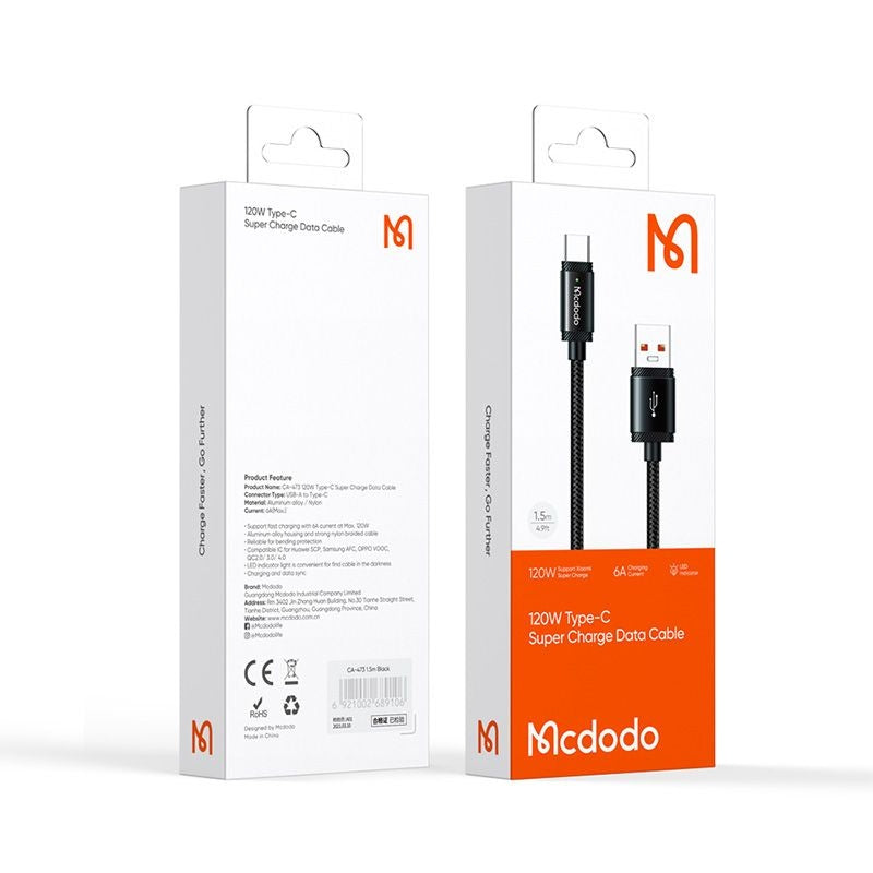 Καλώδιο Δεδομένων και Φόρτισης USB-A - USB-C McDodo CA-4730, 120W, 1.5m, Μαύρο