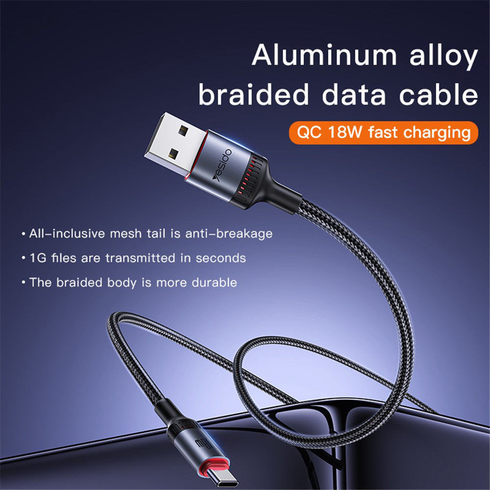 USB-A to USB-C Data and Charging Cable Yesido CA129C, 18W, 1.2m, Black