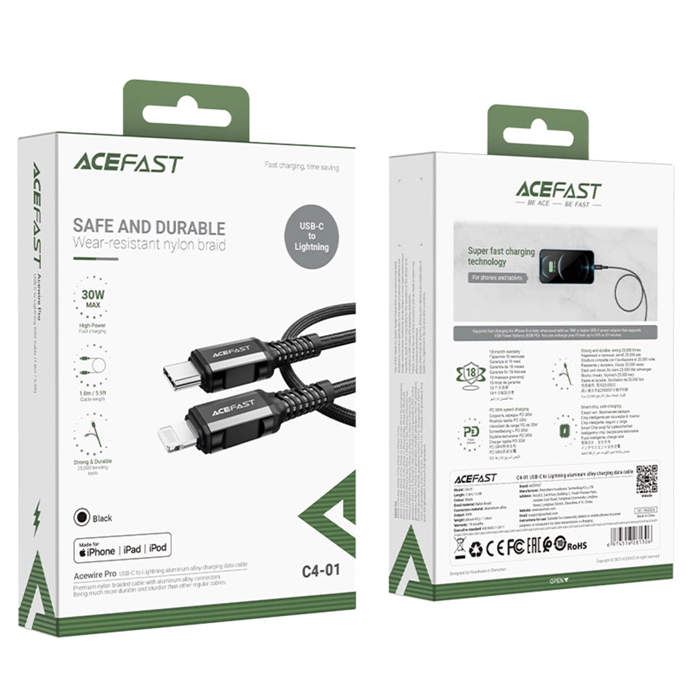 Καλώδιο Δεδομένων και Φόρτισης USB-C - Lightning Acefast C4-01, 30W, 1.8m, Μαύρο