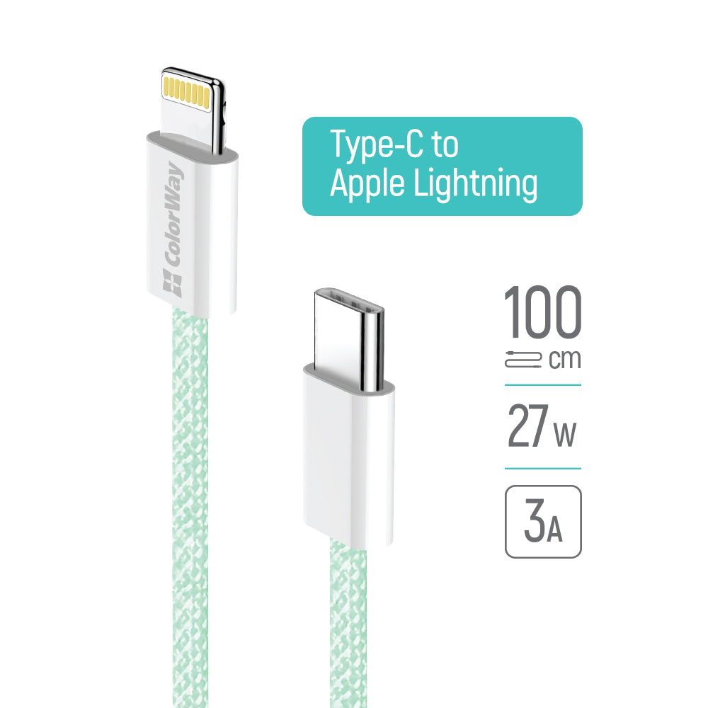 Καλώδιο Δεδομένων και Φόρτισης USB-C - Lightning ColorWay CW-CBPDCL061, 27W, 1m, Πράσινο