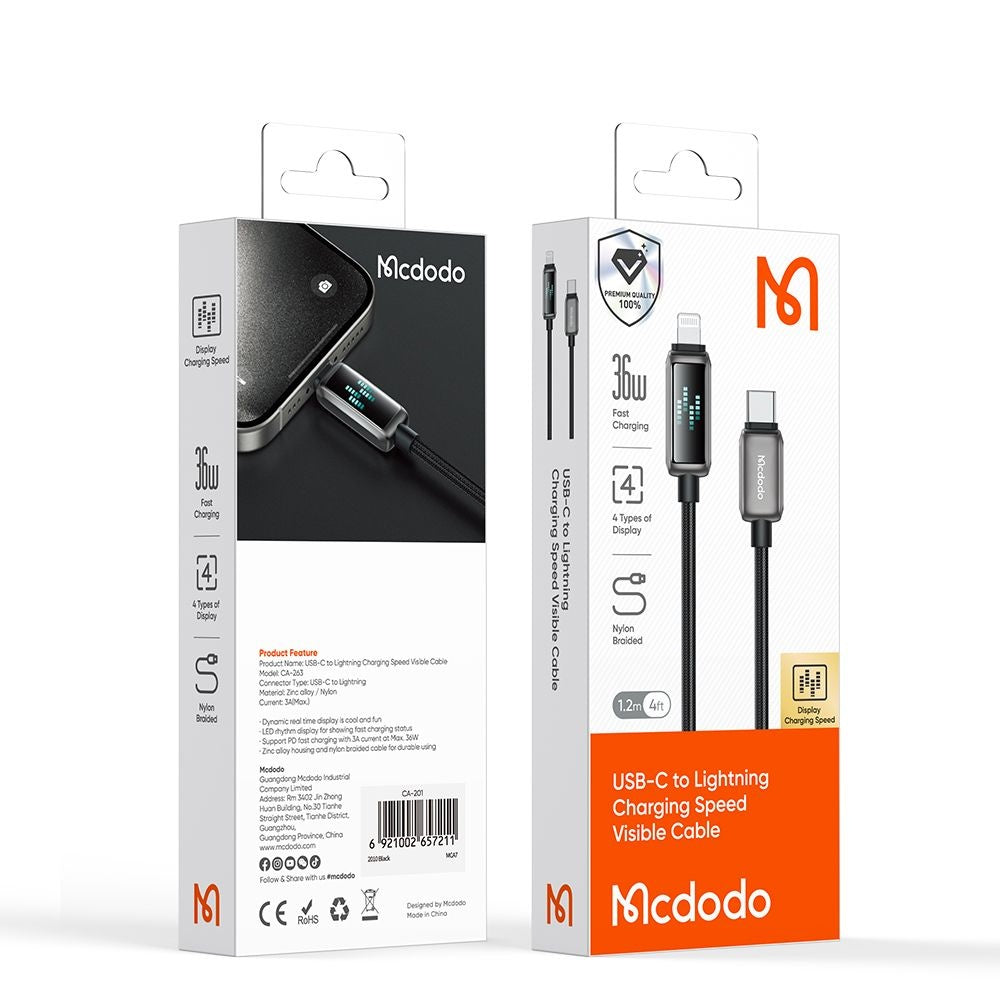 Καλώδιο Δεδομένων και Φόρτισης USB-C - Lightning McDodo CA-2630 Display, 36W, 1.2m, Μαύρο