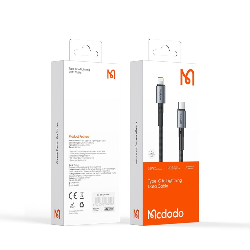 Καλώδιο Δεδομένων και Φόρτισης USB-C - Lightning McDodo CA-2850, 36W, 1.2m, Μαύρο