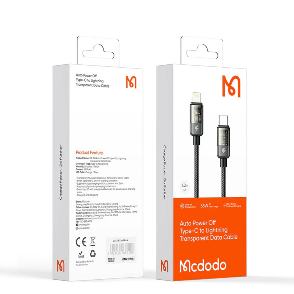 USB-C to Lightning McDodo CA-3160 Auto Power Off Cable, 36W, 1.2m, Black