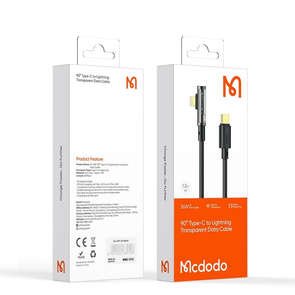 Καλώδιο Δεδομένων και Φόρτισης USB-C - Lightning McDodo CA-3390 Angled, 36W, 1.2m, Μαύρο