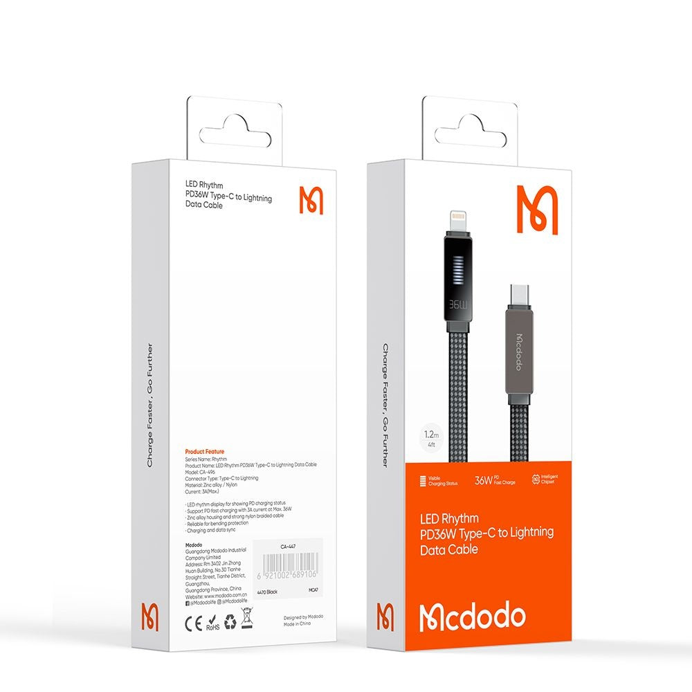 Καλώδιο Δεδομένων και Φόρτισης USB-C - Lightning McDodo CA-4960 Rythm Display, 36W, 1.2m, Μαύρο
