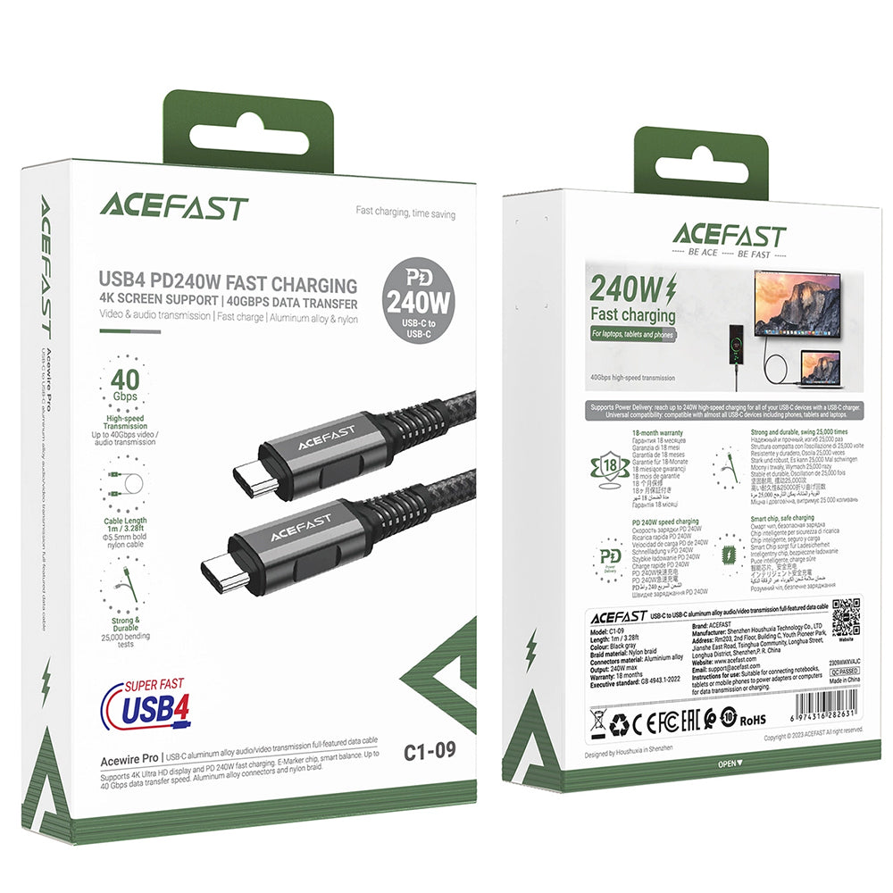 Καλώδιο Δεδομένων και Φόρτισης USB-C - USB-C Acefast C1-09, 240W, 1m, Γκρι