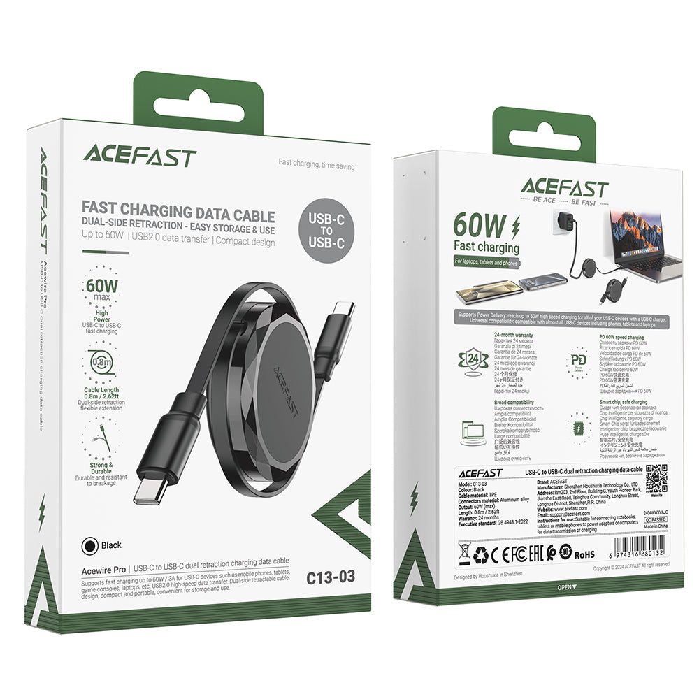 Καλώδιο Δεδομένων και Φόρτισης USB-C - USB-C Acefast C13-03, 60W, 0.8m, Μαύρο