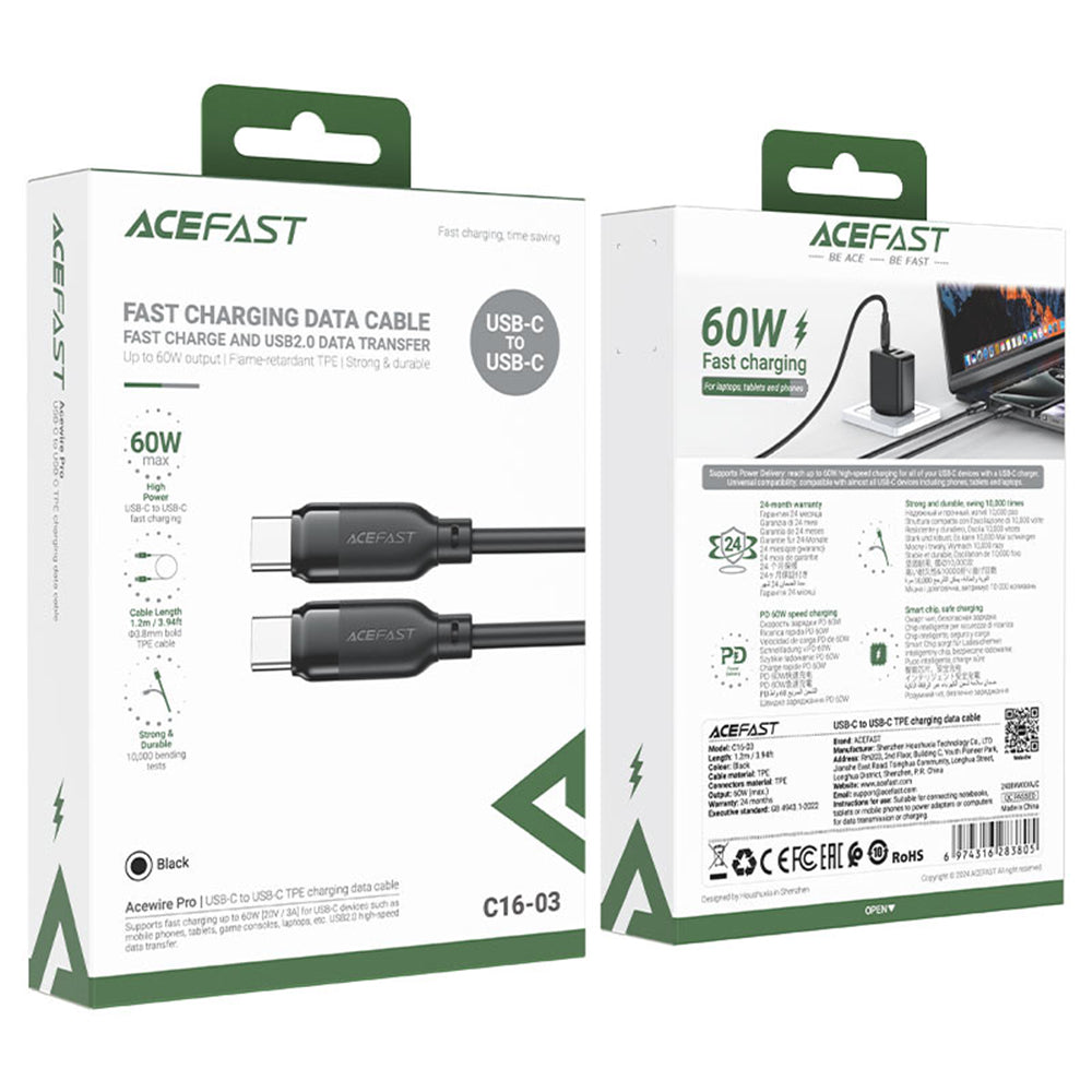 Καλώδιο Δεδομένων και Φόρτισης USB-C - USB-C Acefast C16-03, 60W, 1.2m, Μαύρο