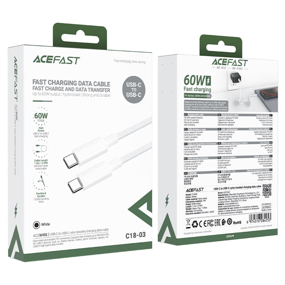 Καλώδιο Δεδομένων και Φόρτισης USB-C - USB-C Acefast C18-03, 60W, 1.2m, Λευκό