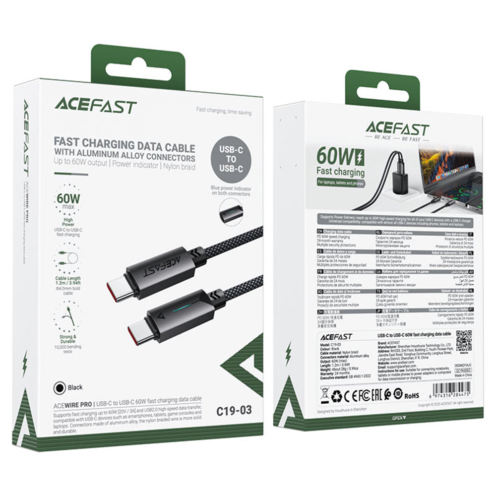 Καλώδιο Δεδομένων και Φόρτισης USB-C - USB-C Acefast C19-03, 60W, 1.2m, Μαύρο
