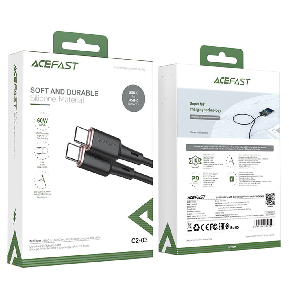 Καλώδιο Δεδομένων και Φόρτισης USB-C - USB-C Acefast C2-03, 60W, 1.2m, Μαύρο