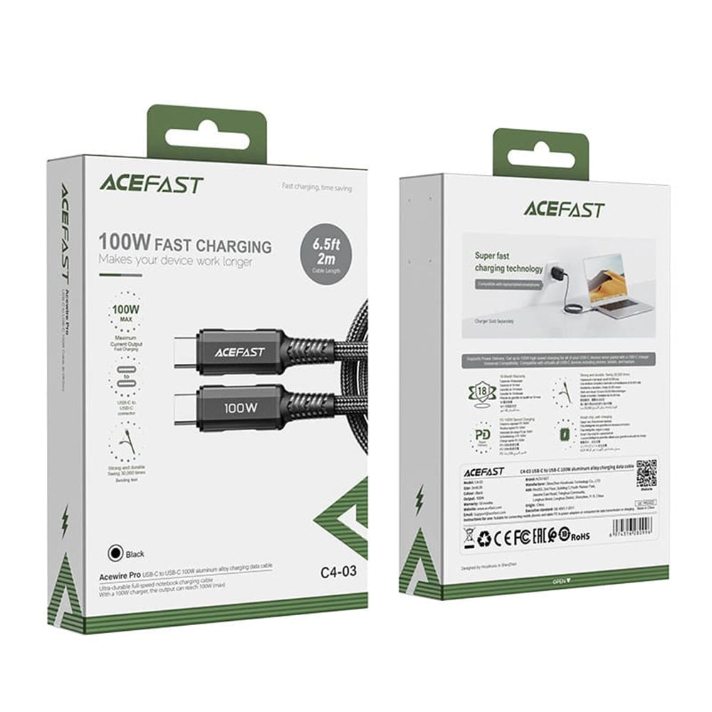 USB-C Data and Charging Cable - USB-C Acefast C4-03, 100W, 2m, Black