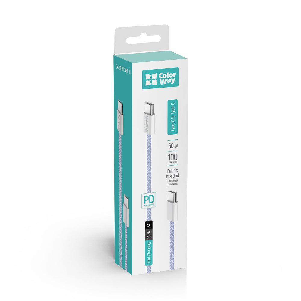 Καλώδιο Δεδομένων και Φόρτισης USB-C - USB-C ColorWay CW-CBPDCC061, 60W, 1m, Μωβ