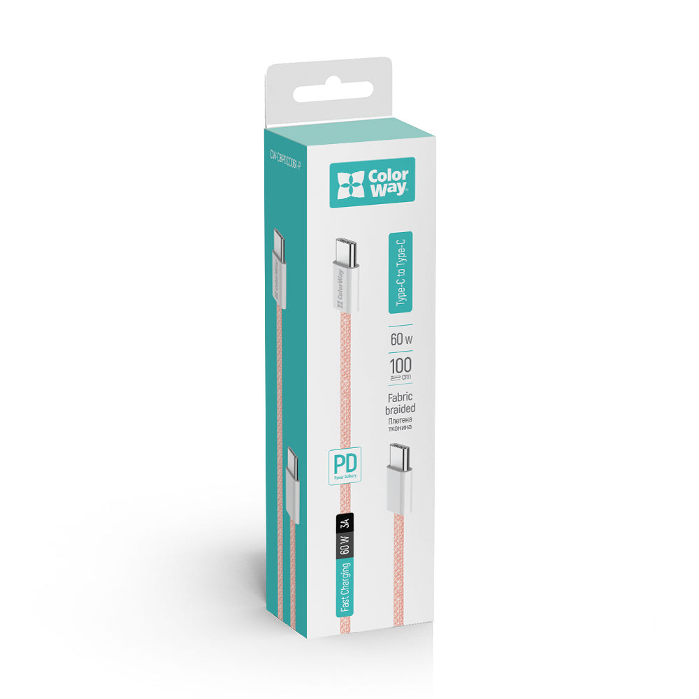 Καλώδιο Δεδομένων και Φόρτισης USB-C - USB-C ColorWay CW-CBPDCC061, 60W, 1m, Ροζ