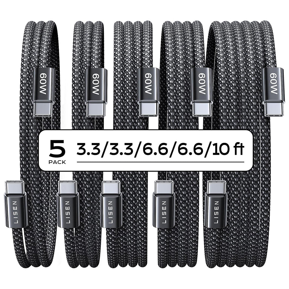 Καλώδιο Δεδομένων και Φόρτισης USB-C - USB-C Lisen, 60W, Σετ 5 τεμαχίων (2 x 1m, 2 x 2m, 1 x 3m), Μαύρο YL0123070010