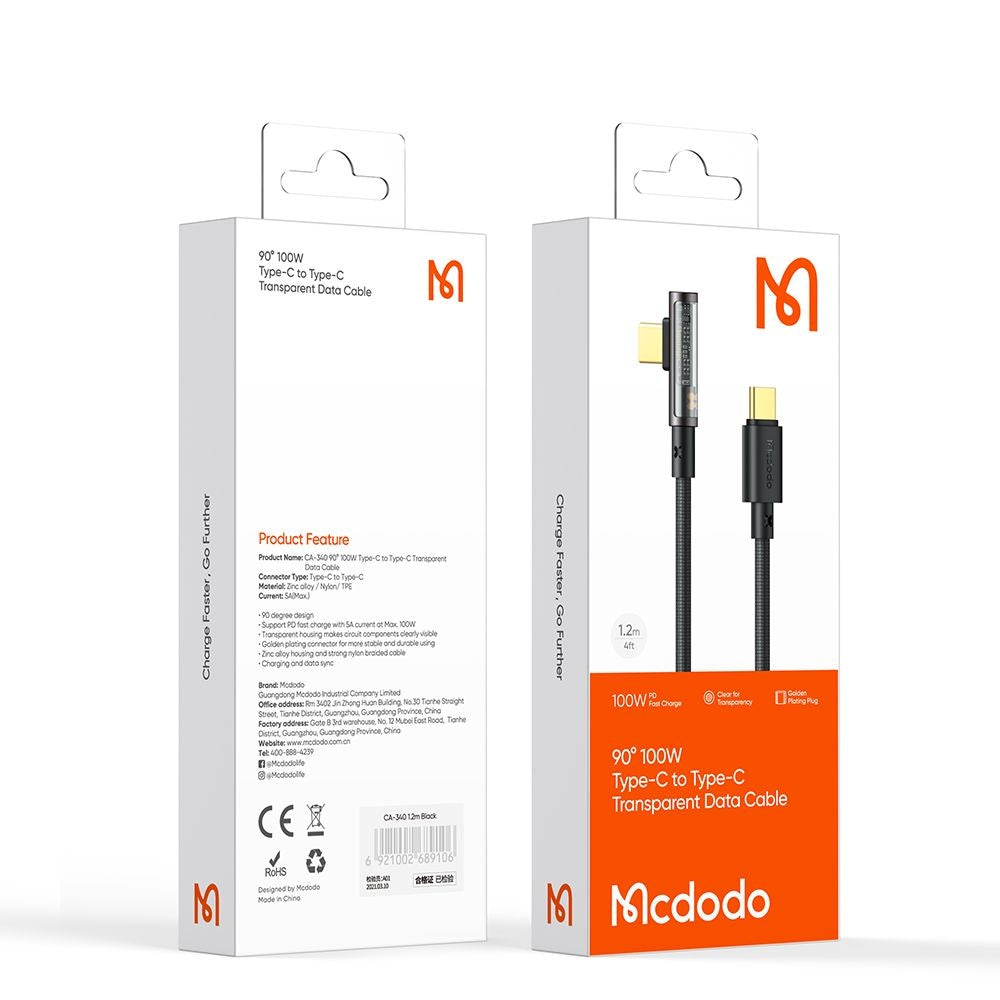Καλώδιο Δεδομένων και Φόρτισης USB-C - USB-C McDodo CA-3400 Angled, 100W, 1.2m, Μαύρο