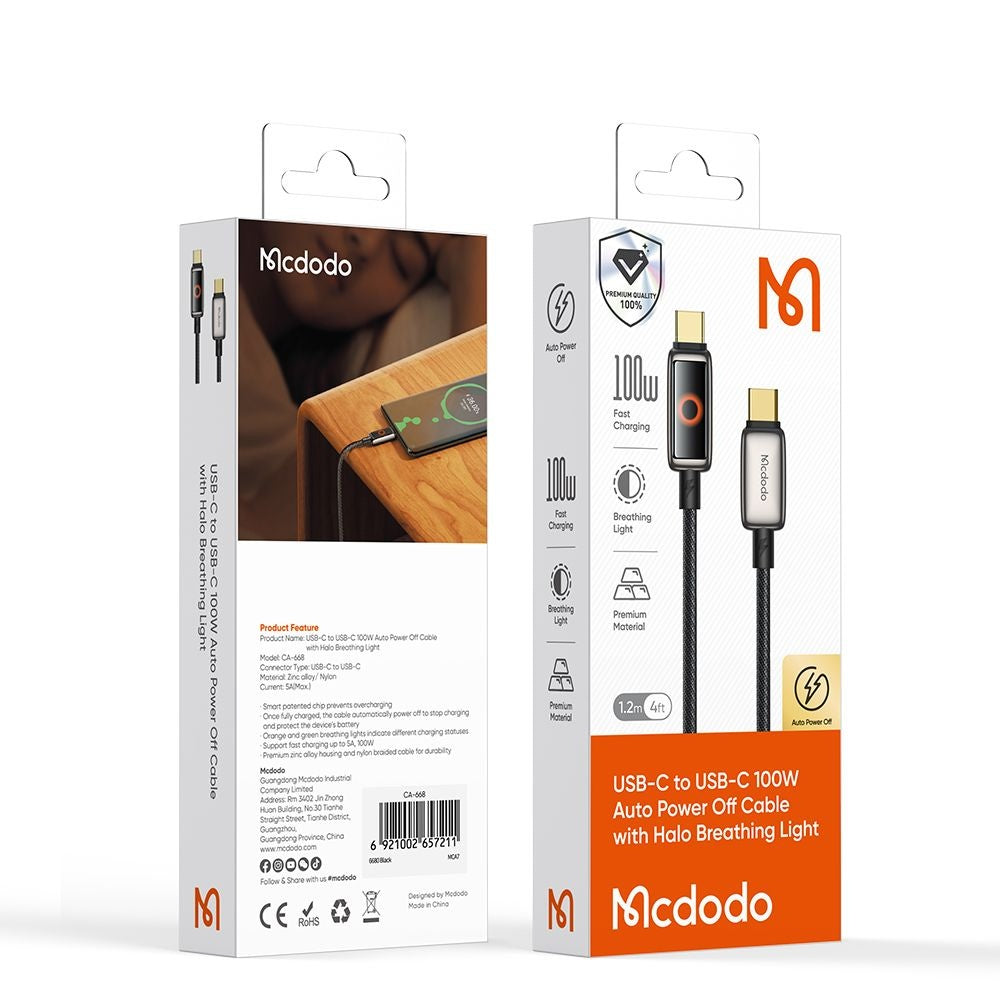 Καλώδιο Δεδομένων και Φόρτισης USB-C - USB-C McDodo CA-6680 Αυτόματη Διακοπή Ενέργειας, 100W, 1.2m, Μαύρο