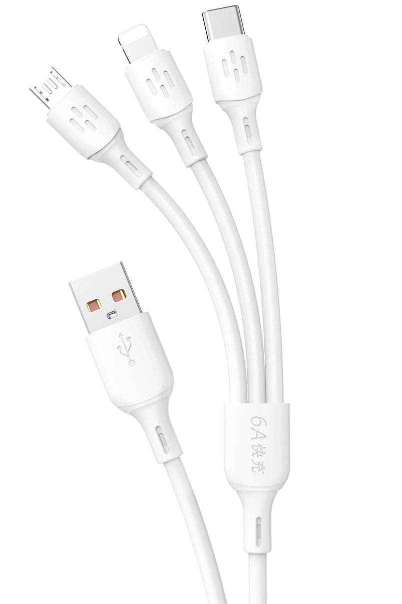 USB-A Charging Cable - Lightning / microUSB / USB-C Dudao L8A 3in1, 66W, 1.2m, White