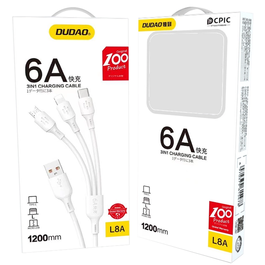 USB-A Charging Cable - Lightning / microUSB / USB-C Dudao L8A 3in1, 66W, 1.2m, White