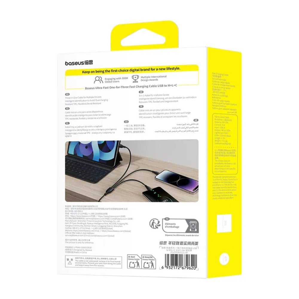 Καλώδιο Φόρτισης USB-A - Lightning / microUSB / USB-C Baseus Ultra Fast 3in1, 18W, 0.8m, Μαύρο P10377501111-00