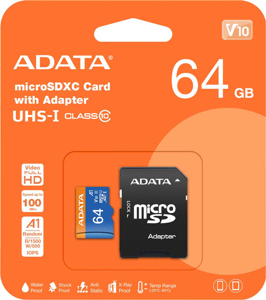 Κάρτα μνήμης Adata microSDXC, 64Gb, Class 10 / UHS-1 U1, με προσαρμογέα AUSDX64GUICL10A1-RA1 AUSDX64GUICL10A1-RA1