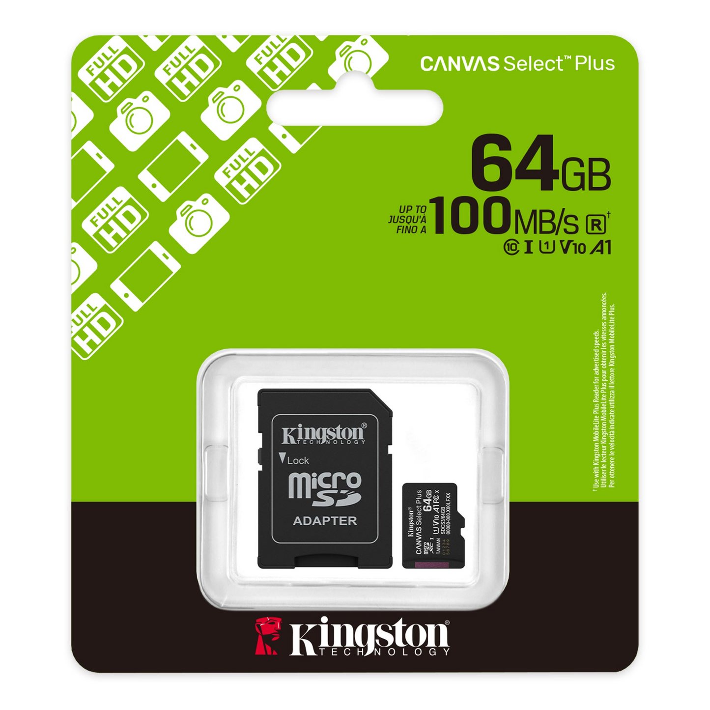 Κάρτα Μνήμης microSDXC Kingston Canvas Select Plus Android A1, 64Gb, Κλάση 10 / UHS-1 U1, Με Προσαρμογέα SDCS3/64GB