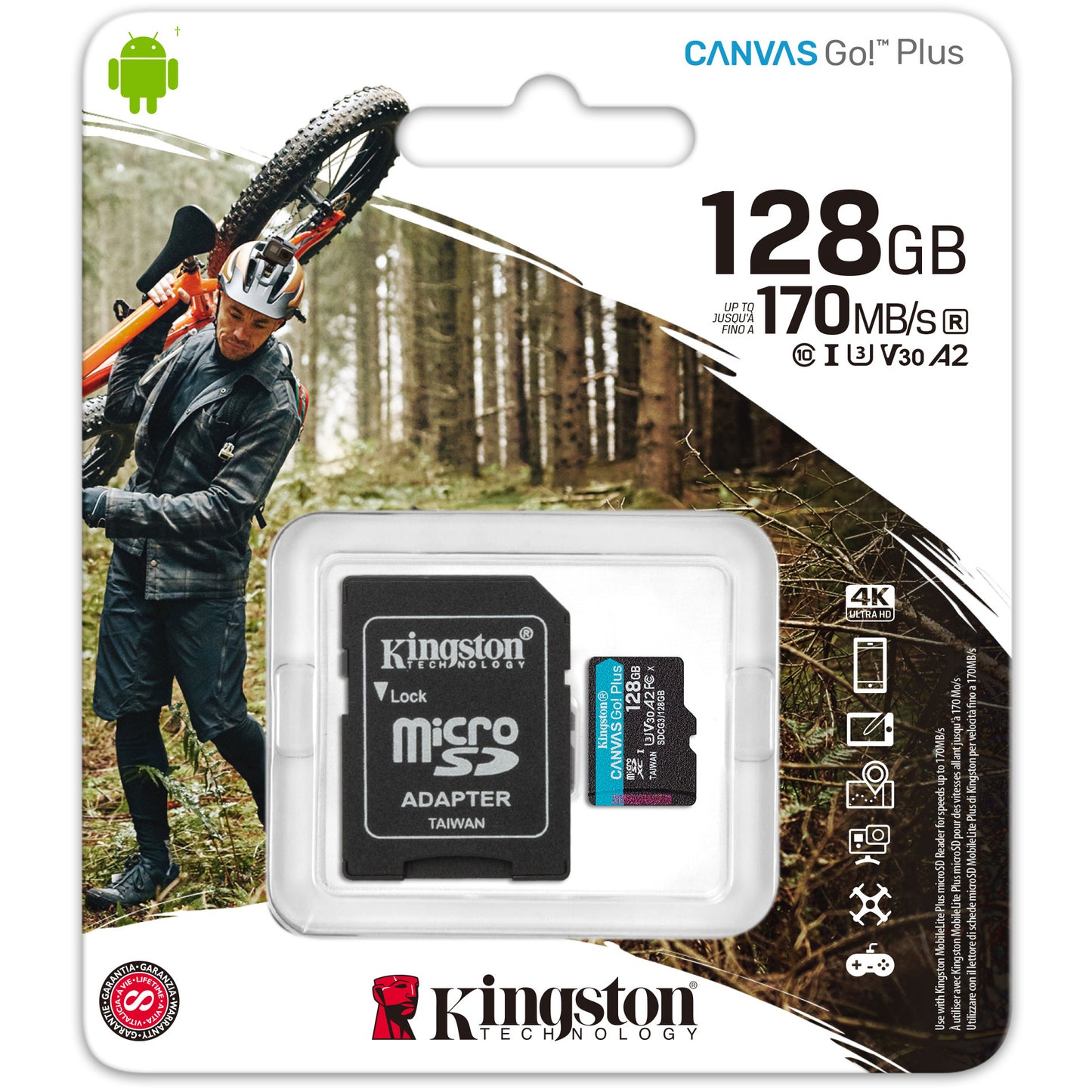 Κάρτα μνήμης microSDXC Kingston Canvas Go Plus, 128Gb, Class 10 / UHS-1 U3, με προσαρμογέα SDCG3/128GB