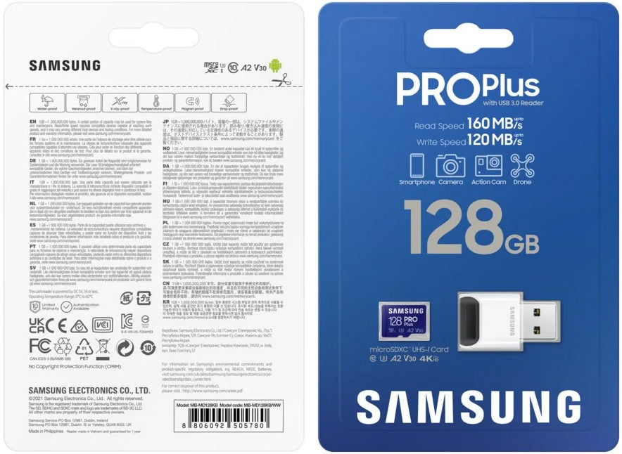 Κάρτα Μνήμης microSDXC Samsung PRO Plus, 128Gb, Κλάση 10 / UHS-1 U3, Με Αναγνώστη Κάρτας και Αντάπτορα MB-MD128KB/WW