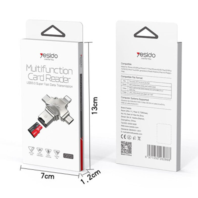 Αναγνώστης Καρτών USB / USB-C / Lightning / microUSB Yesido GS13, microSD, Ασημί