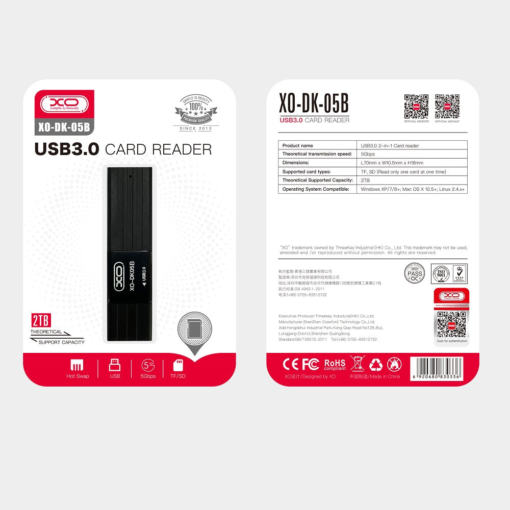 Αναγνώστης Καρτών USB 3.0 XO Design DK05B, SD - microSD, Μαύρο