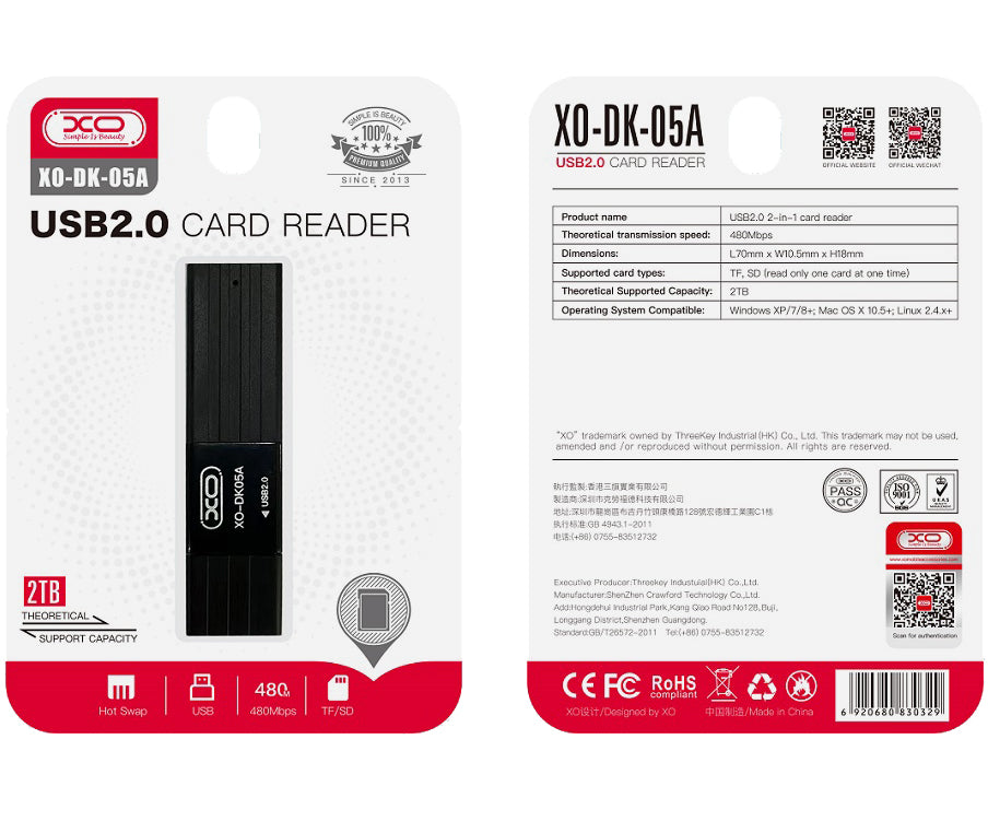 Αναγνώστης καρτών USB XO Design DK05A, SD - microSD, Μαύρο
