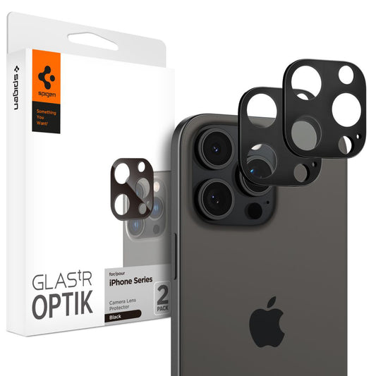Προστατευτική μεμβράνη οπίσθιας κάμερας Spigen Optik για Apple iPhone 15 Pro Max / 15 Pro, με προστασία γυαλιού, πλήρης κόλλα, σετ 2 τεμαχίων, μαύρο AGL05273