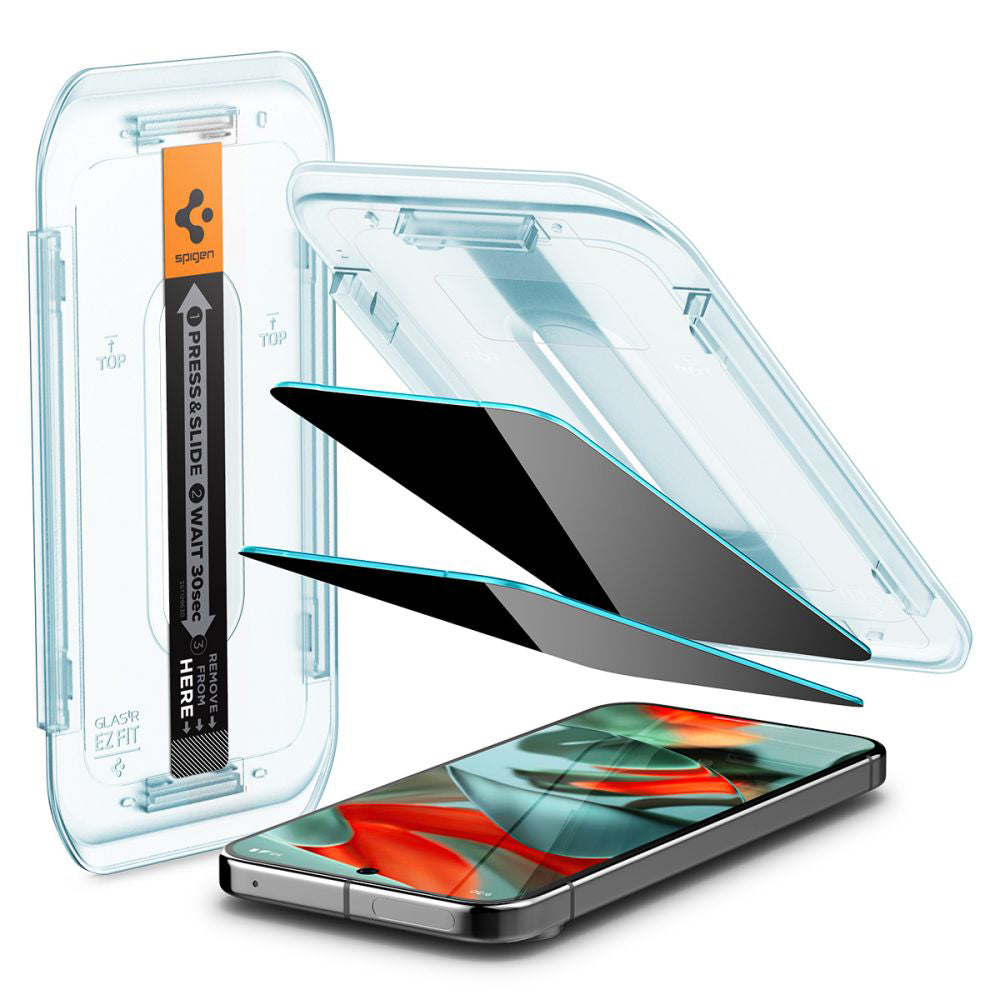 Προστατευτική μεμβράνη οθόνης Privacy Spigen GlastR EZ FIT για Google Pixel 9 Pro XL, Ασφαλισμένο γυαλί, Πλήρης κόλλα, Σετ 2 τεμαχίων AGL09313