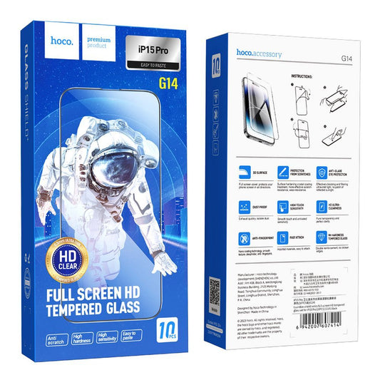 Προστατευτική Μεμβράνη Οθόνης HOCO G14 για Apple iPhone 15 Pro, Ενισχυμένο Γυαλί, Πλήρης Κόλληση, Σετ 10 τεμαχίων, 5D, Μαύρη