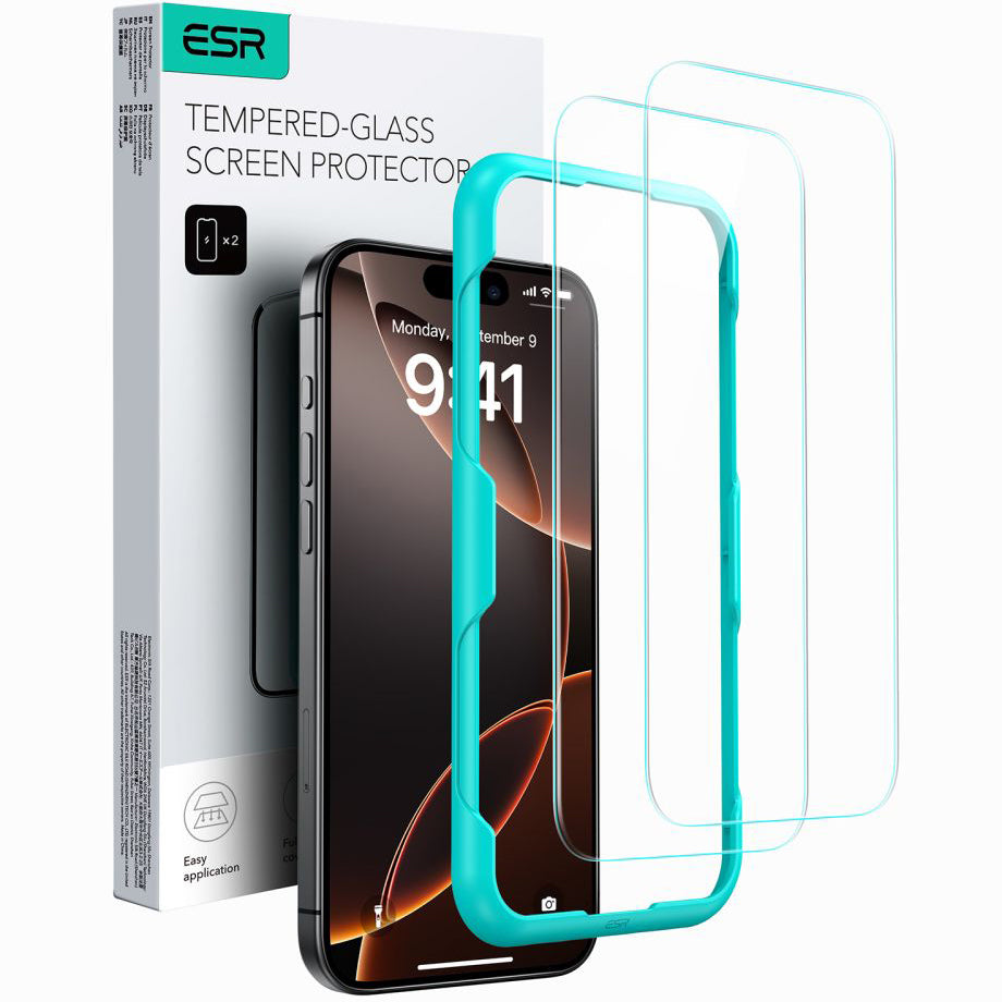 Προστατευτική Μεμβράνη Οθόνης ESR για Apple iPhone 16 / 15, Ενισχυμένο Γυαλί, Πλήρης Κόλληση, Σετ 2 τεμαχίων, Μαύρη