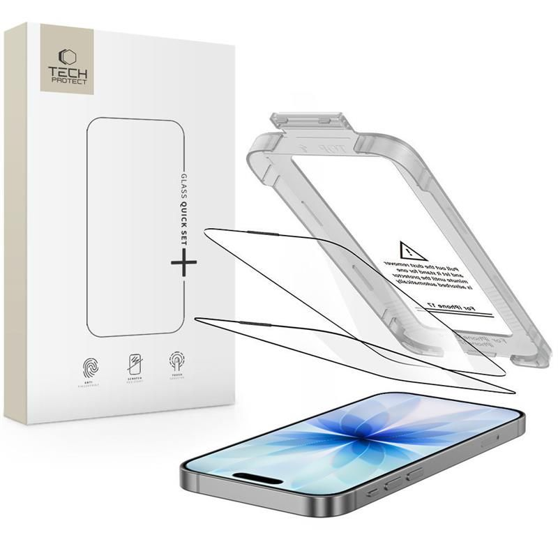 Προστατευτική Μεμβράνη Οθόνης Tech-Protect Quick Set+ για Apple iPhone 17, Ενισχυμένο Γυαλί, Πλήρης Κόλληση, Σετ 2 τεμαχίων, Μαύρη