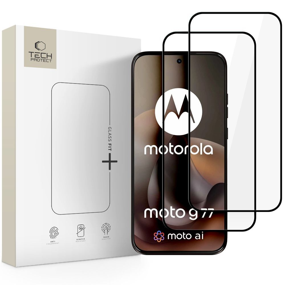 Προστατευτική μεμβράνη οθόνης Tech-Protect FIT+ για Motorola Moto G77 / G67, Ασφαλισμένο γυαλί, Πλήρης κόλλα, Σετ 2 τεμαχίων, 2.5D, Μαύρο
