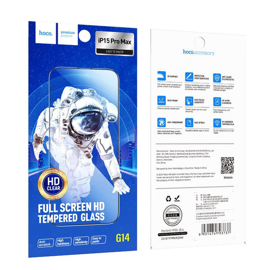 Προστατευτική Μεμβράνη Οθόνης HOCO G14 για Apple iPhone 15 Pro Max, Ενισχυμένο Γυαλί, Full Glue, Σετ 10 τεμαχίων, 5D, Μαύρη