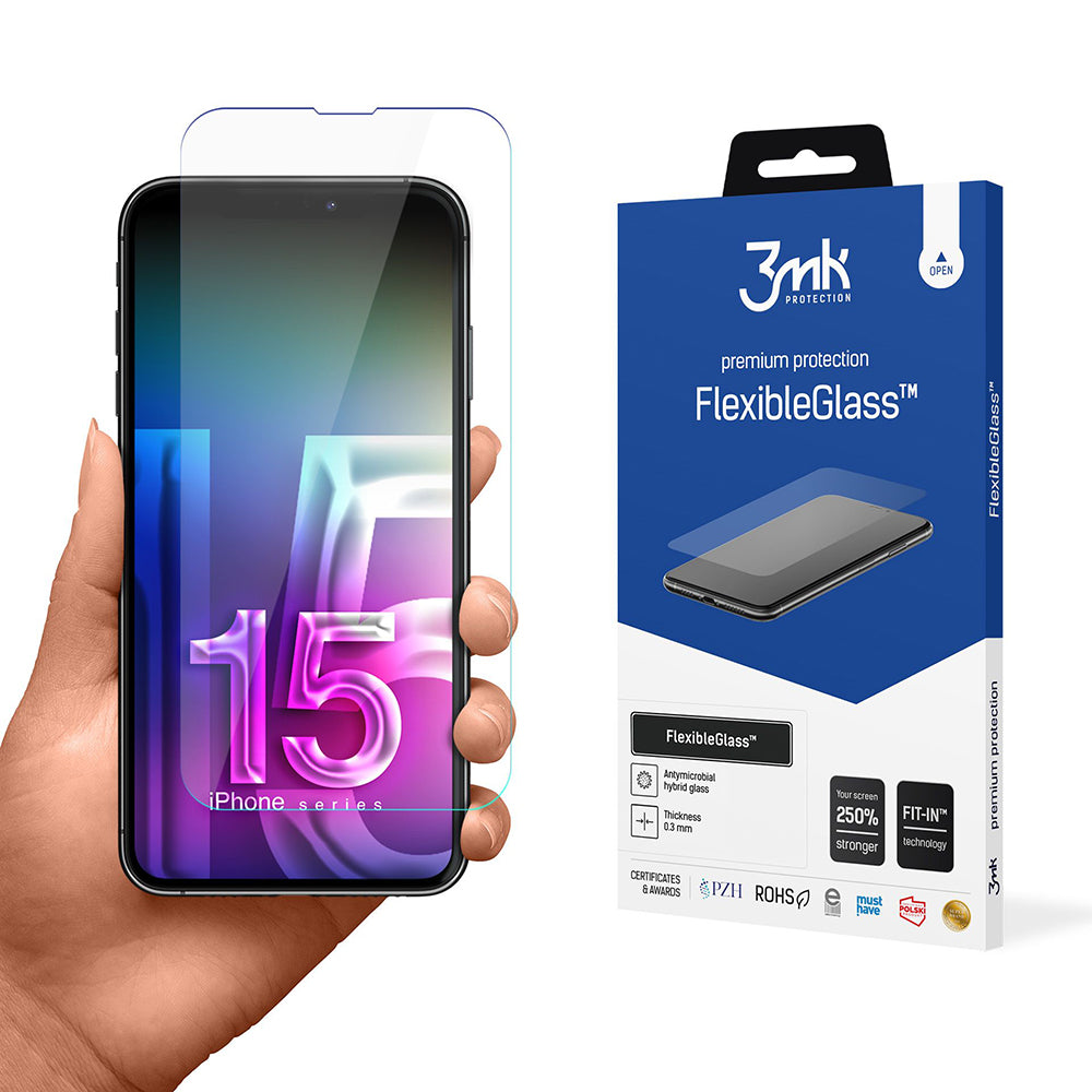 Προστατευτική μεμβράνη οθόνης 3MK FlexibleGlass για Apple iPhone 15, Ευέλικτο Γυαλί, Πλήρης Κόλλα