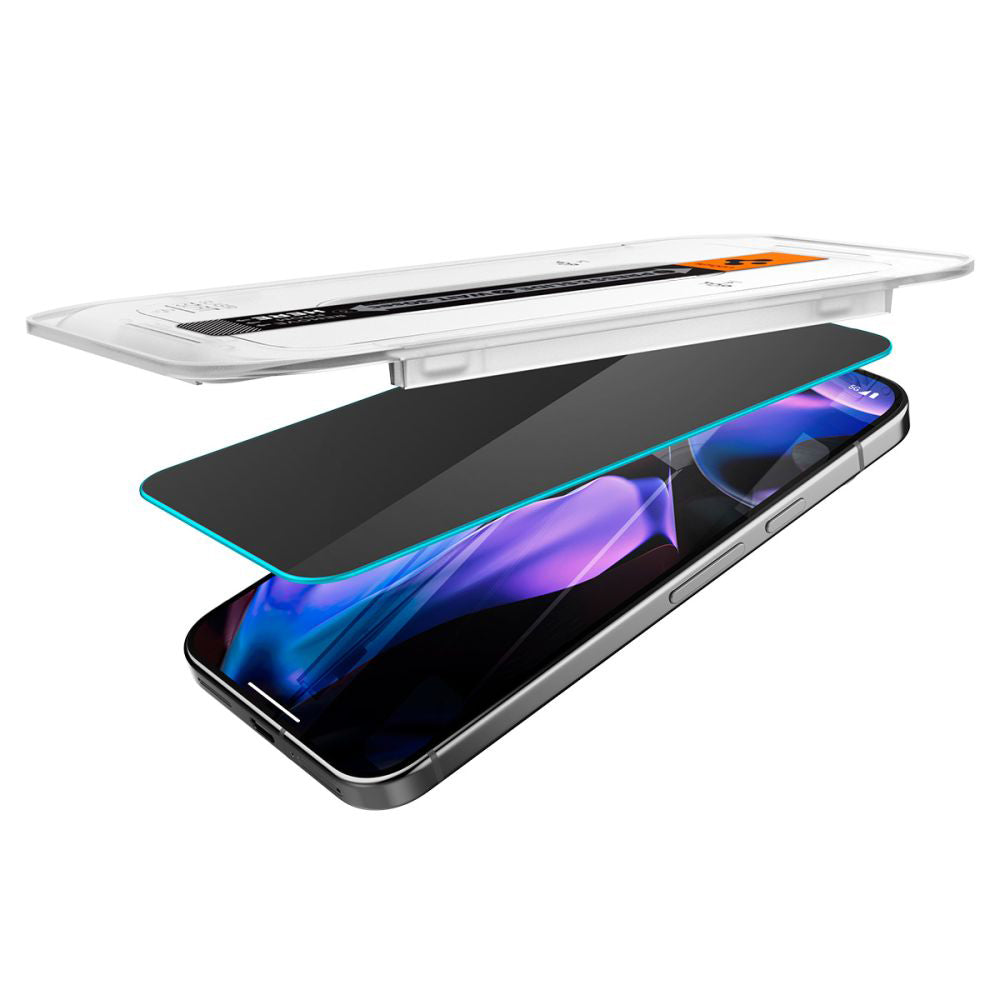 Προστατευτική μεμβράνη οθόνης Privacy Spigen GlastR EZ FIT για Google Pixel 9 / 9 Pro, Ασφαλισμένο γυαλί, Πλήρης κόλλα, Σετ 2 τεμαχίων