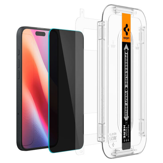 Προστατευτική Μεμβράνη Οθόνης Privacy Spigen GlastR EZ FIT για Apple iPhone 16 / 15, Ενισχυμένο Γυαλί, Πλήρης Κόλληση, Σετ 2 τεμαχίων AGL06905