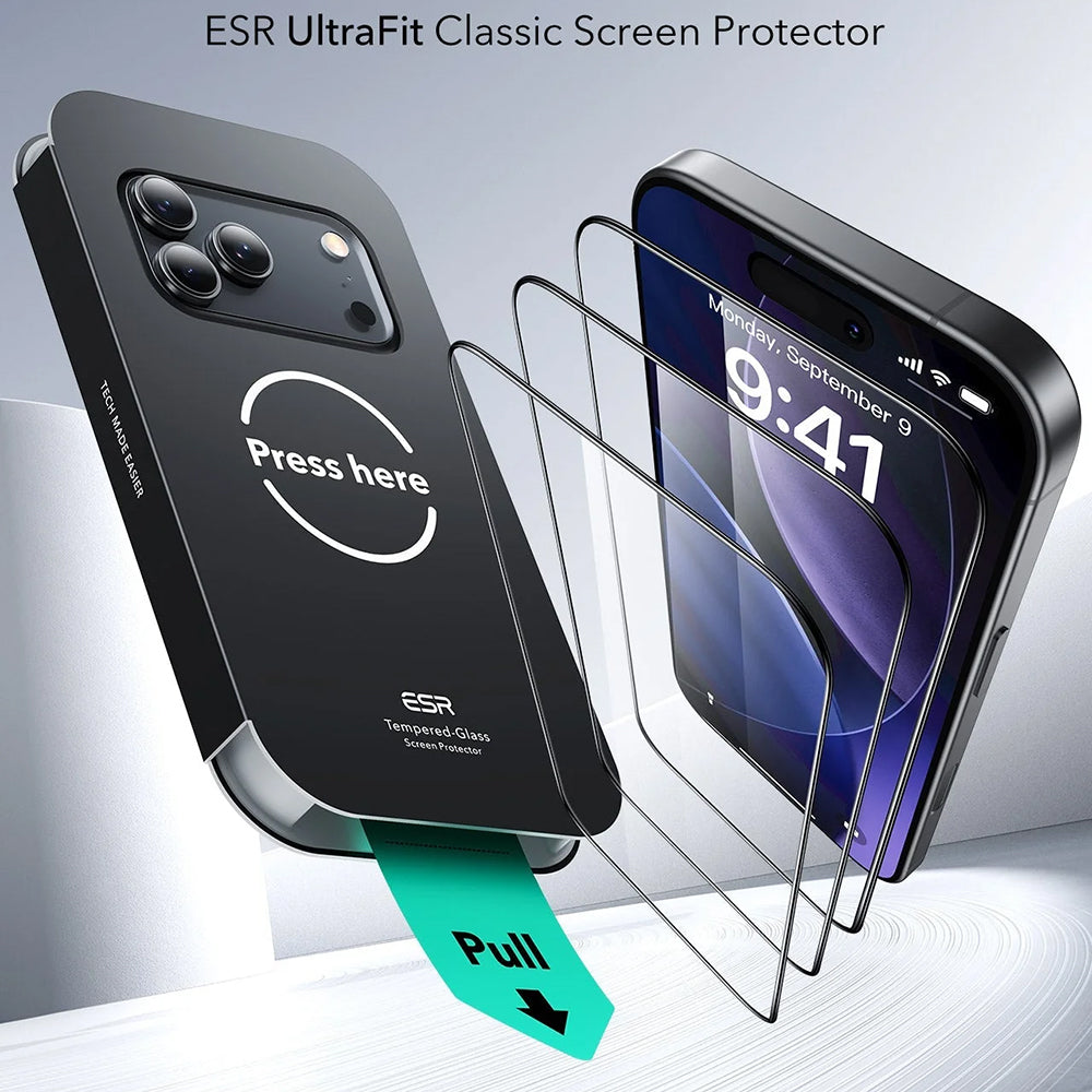 Προστατευτική Μεμβράνη Οθόνης ESR UltraFit για Apple iPhone 17 Pro Max, Ενισχυμένο Γυαλί, Full Glue, Σετ 3 τεμαχίων