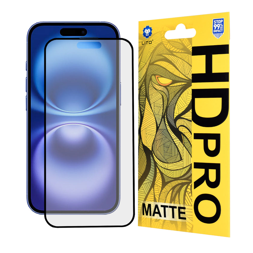 Προστατευτική μεμβράνη οθόνης Matte Lito HD Pro για Apple iPhone 16, Ασφαλισμένο γυαλί, Πλήρης κόλλα, Μαύρο