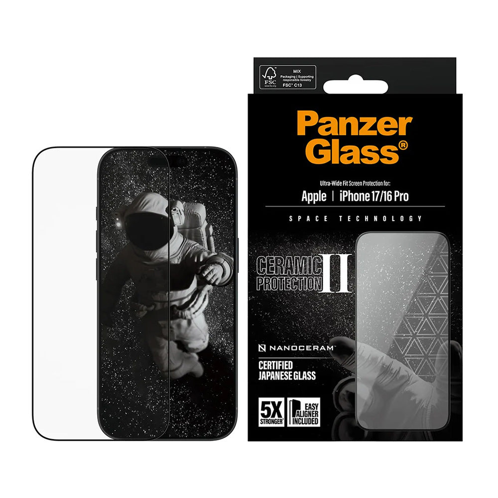 Προστατευτική Μεμβράνη Οθόνης PanzerGlass Ultra-Wide Ceramic II EasyAligner για Apple iPhone 17 / 16 Pro, Ενισχυμένο Γυαλί, Πλήρης Κόλληση, Μαύρη